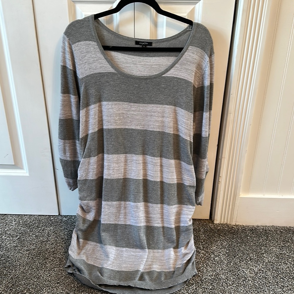 Gray striped sweater dress.